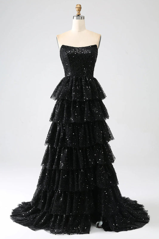 A-Line Sequins Tiered Prom Dress with Slit Off Shoulder Sparkly Long