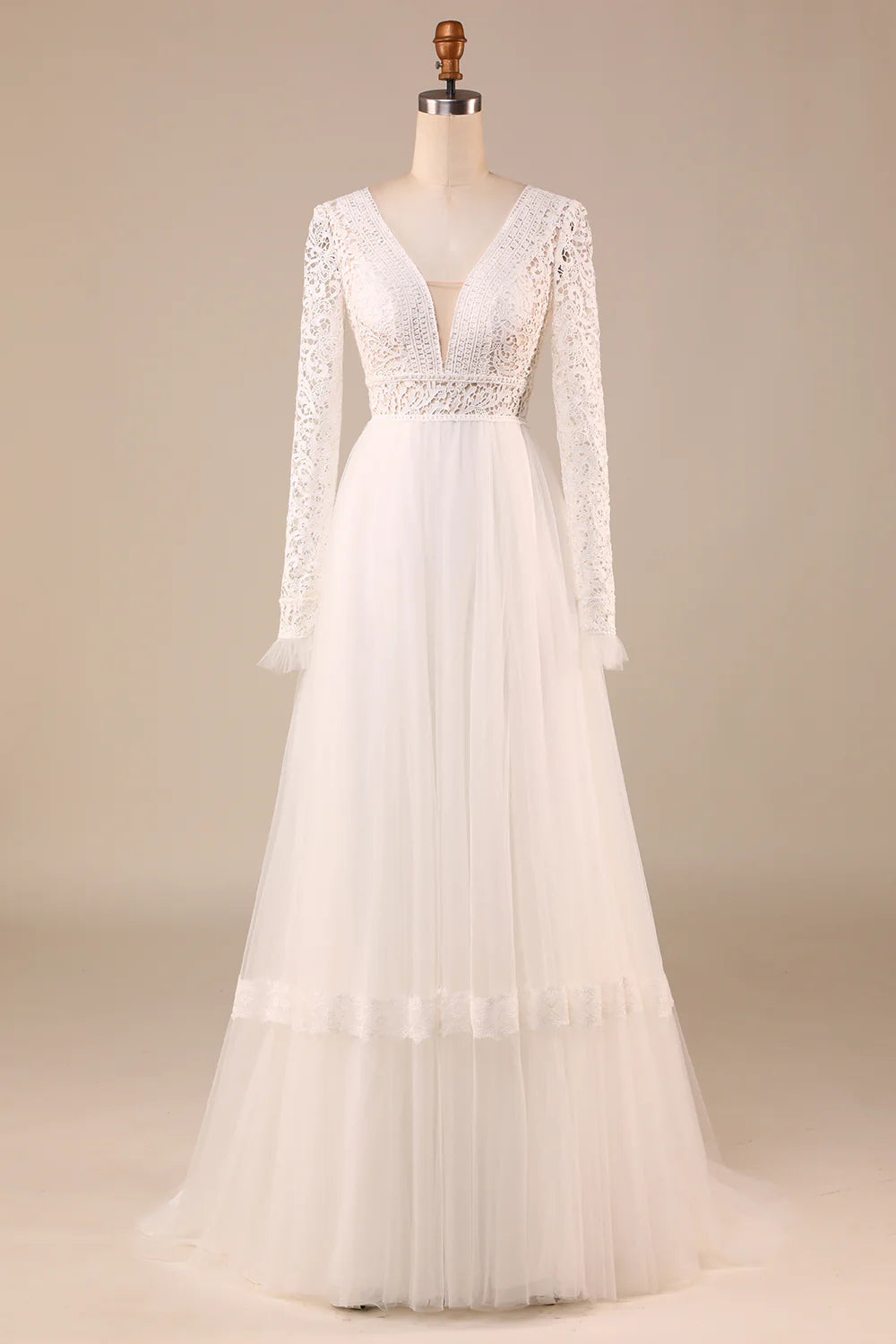 A-Line Long Sleeves Wedding Dress with Lace V-neck