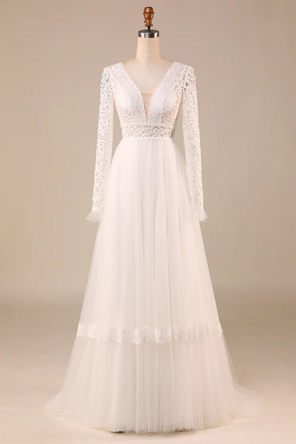 A-Line Long Sleeves Wedding Dress with Lace V-neck