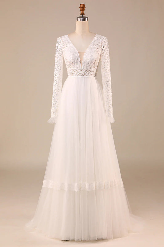 A-Line Long Sleeves Wedding Dress with Lace V-neck