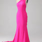 Mermaid One Shoulder Long Prom Dress Pure Color Hot Pink