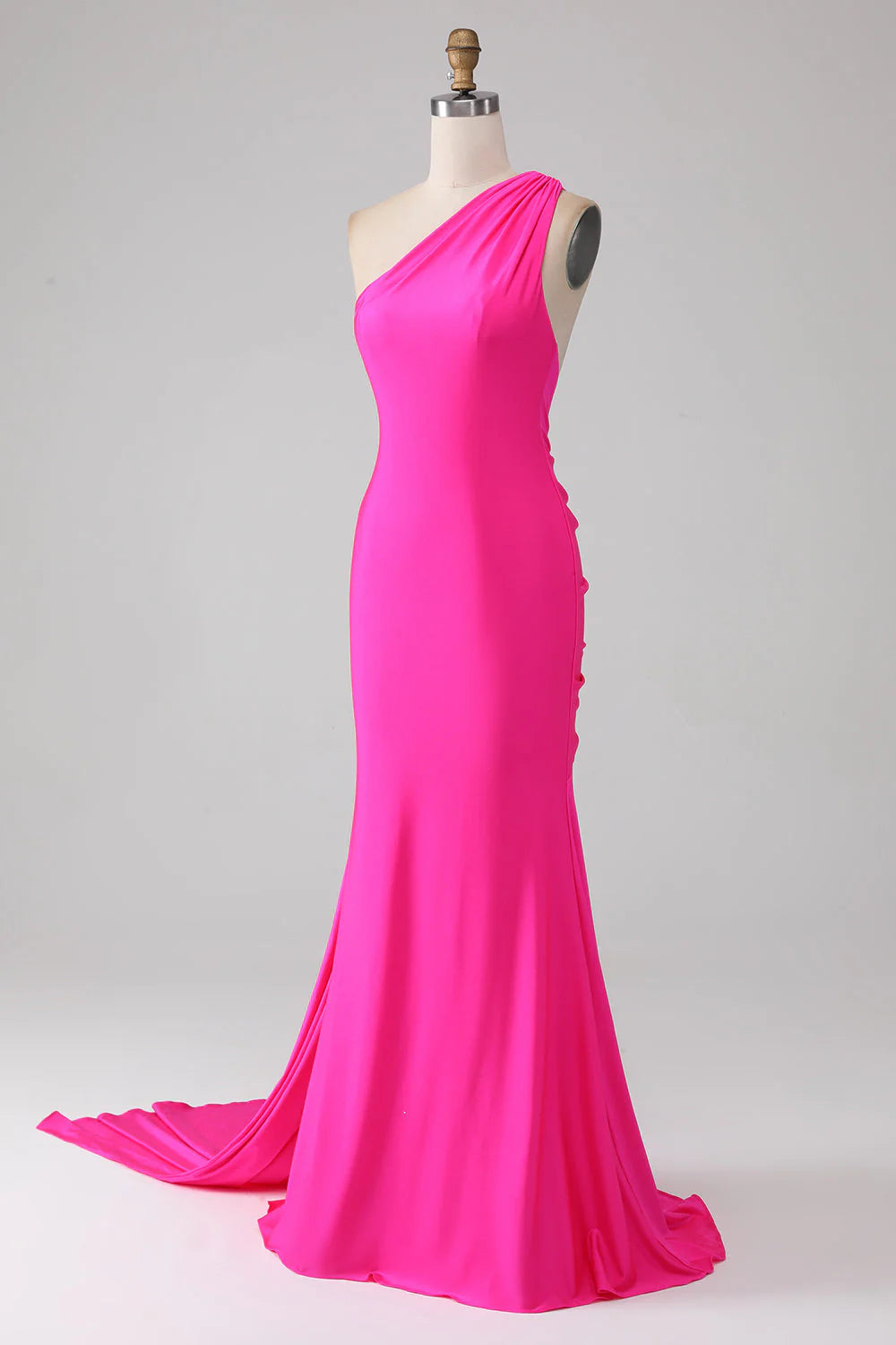 Mermaid One Shoulder Long Prom Dress Pure Color Hot Pink