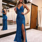 Sequin Open Back Long Glitter Prom Dress With Split V-neck Sparkly