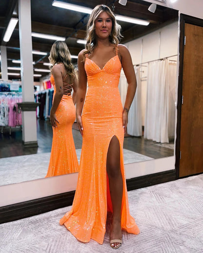 Mermaid Spaghetti Straps Lace Prom Dress With Split V-neck Sexy