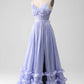 Spaghetti Straps A Line Ruffles Prom Dress with Slit Pure Color