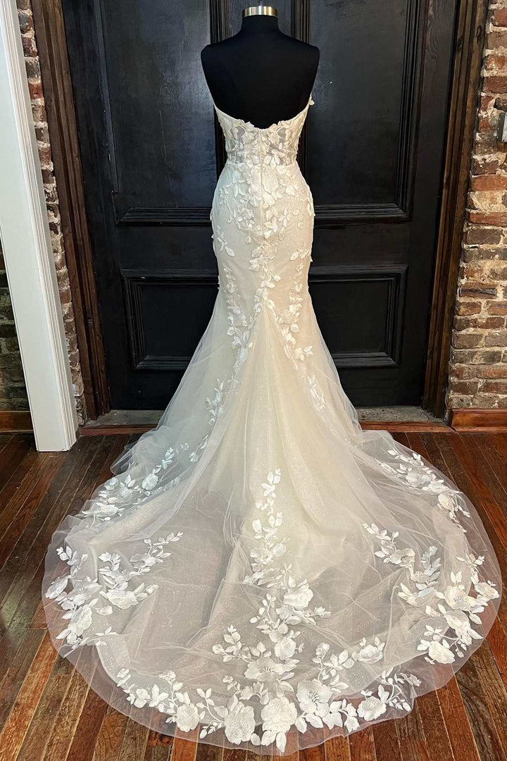 Floral Lace Strapless Mermaid Long Bridal Gown Wedding Dresses Off Shoulder