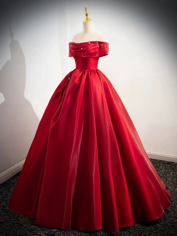 A-Line Off Shoulder Satin Long Prom Dress Red