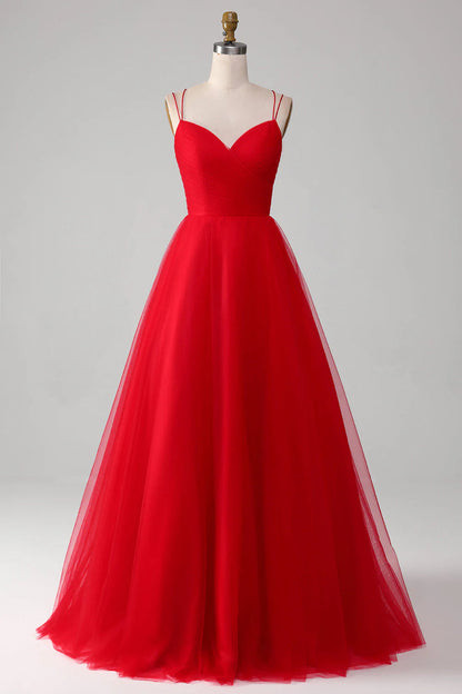 A-Line Long Prom Dress wth Cross Criss Back Pure Color Red