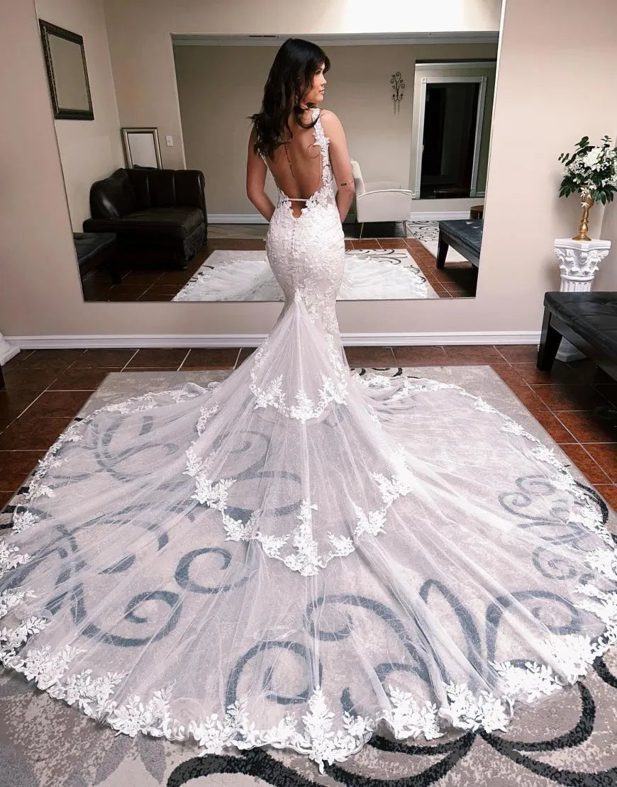 Mermaid Spaghetti Straps Open Back Train Wedding Dress Sexy Beautiful
