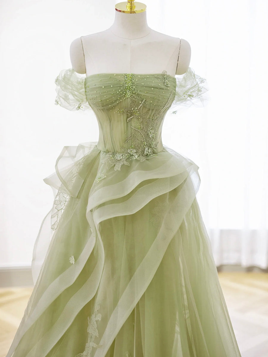 Green Tulle Long Floor Length Prom Dress Beautiful A-Line Evening Party Dress with Lace Beautiful