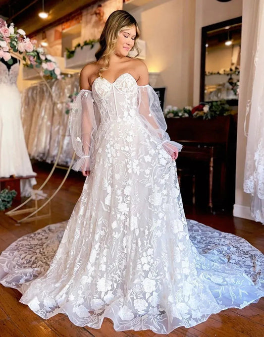 A-Line Train Lace Wedding Dress With Detachable Sleeves Off Shoulder Sexy
