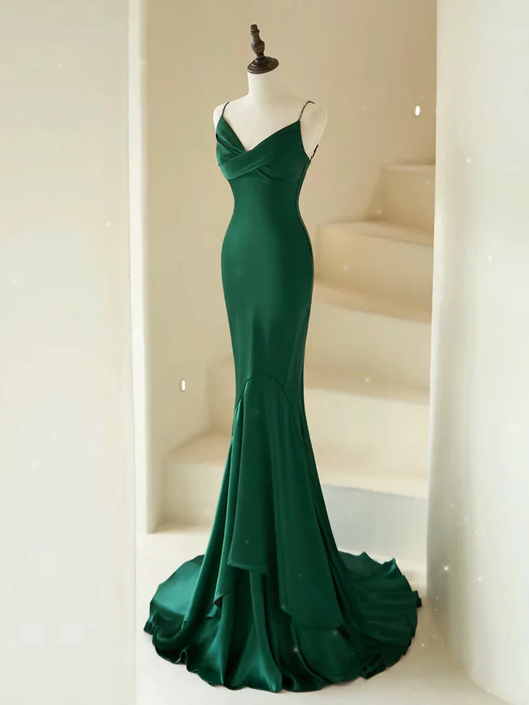 Mermaid V Neck Satin Long Prom Dress Pure Color