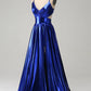 A-Line Spaghetti Straps Prom Dress with Slit V-neck Pure Color Long