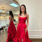 Sexy Side Slit Long Spaghetti Straps Prom Dresses with Flounced Evening Dresses