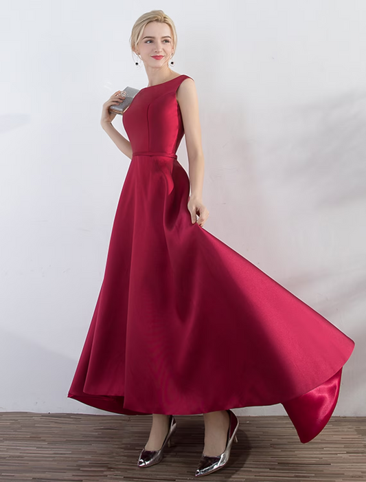 A-Line Evening Gown Elegant Minimalist Dress Party Wear Wedding Guest Asymmetrical Sleeveless Jewel Neck Satin