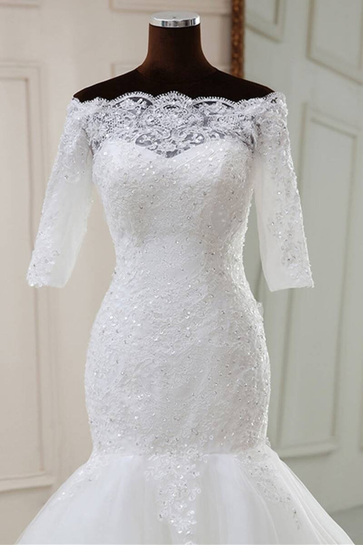 White Lace Off-the-Shoulder Half Sleeve Trumpet Wedding Dress Long