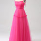 A-Line Ruffled Long Tulle Prom Dress Off Shoulder Pure Color