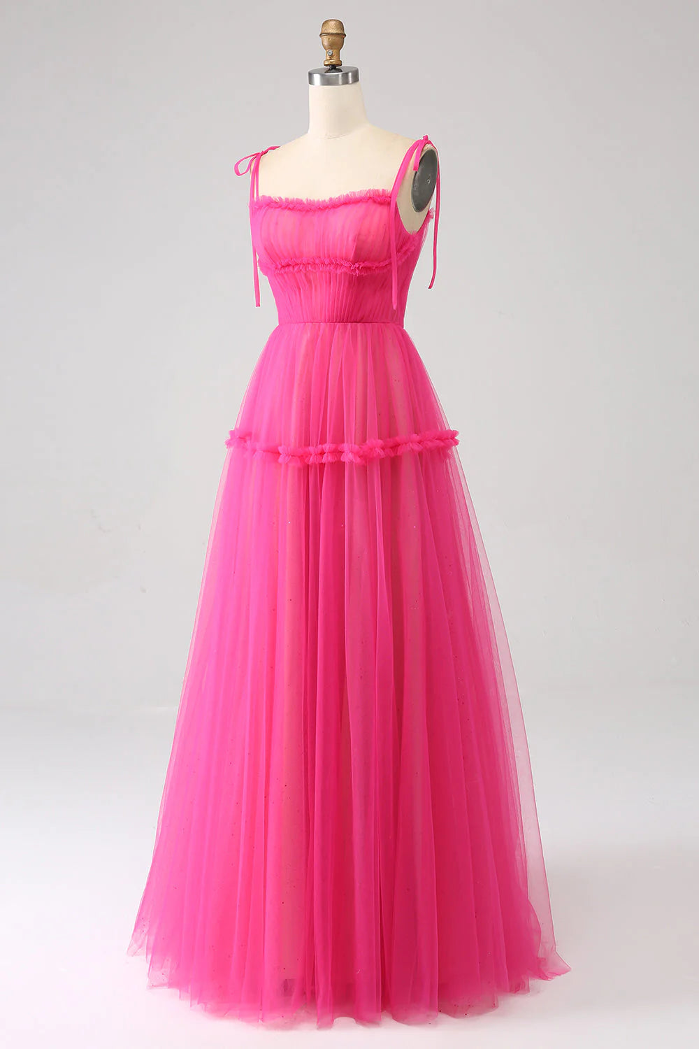 A-Line Ruffled Long Tulle Prom Dress Off Shoulder Pure Color