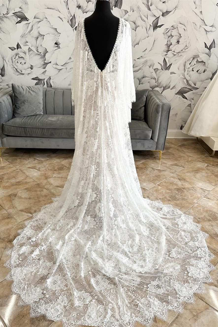 White Lace Plunge V Mermaid Long Wedding Dress with Bell Sleeves Sexy