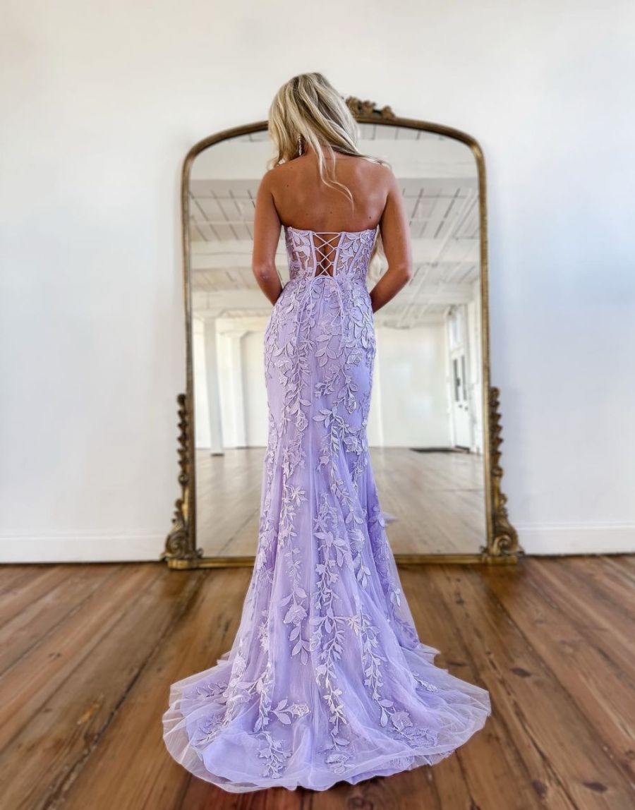 Lilac Mermaid Corset Back Long Prom Dress With Appliques Charming Evening Dress
