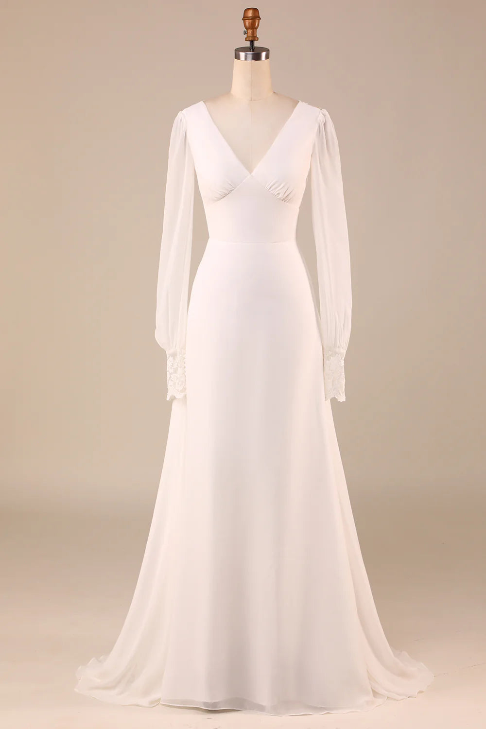 Open Back Wedding Dress with Long Sleeves V-neck