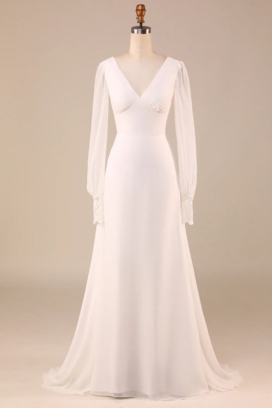 Open Back Wedding Dress with Long Sleeves V-neck