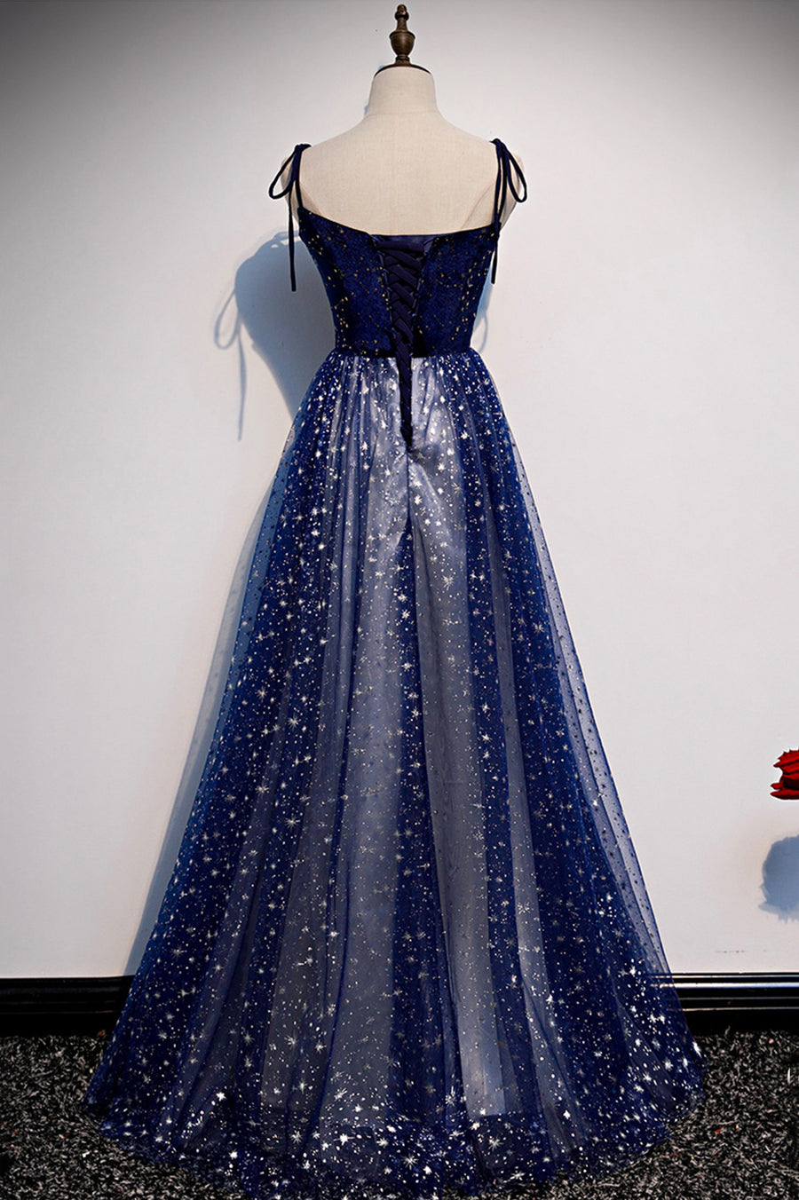 Blue Tulle Long A-Line Prom Dresses Evening Party Dresses Floor Length Sparkly