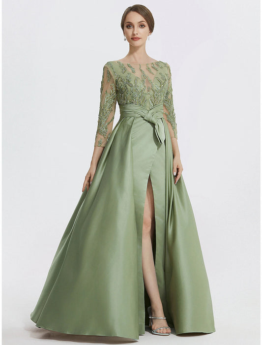 A-Line Evening Gown Elegant Dress Formal Floor Length 3/4 Length Sleeve Jewel Neck Satin with Slit Embroidery