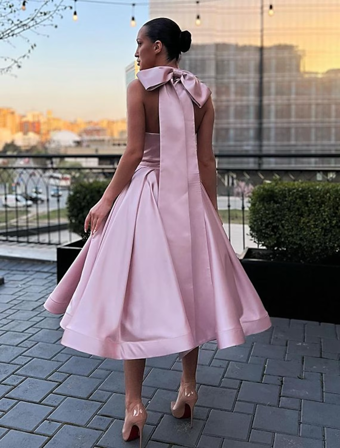 A-Line Evening Gown Plus Size Dress Homecoming Ankle Length Sleeveless Halter Satin