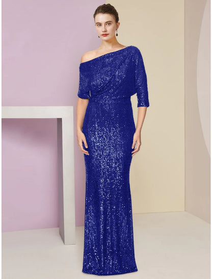 Sheath / Column Mother of the Bride Dress Wedding Guest Sparkle & Shine Elegant Off Shoulder Sweep / Brush Train Sequined Half Sleeve with Sequin Ruching