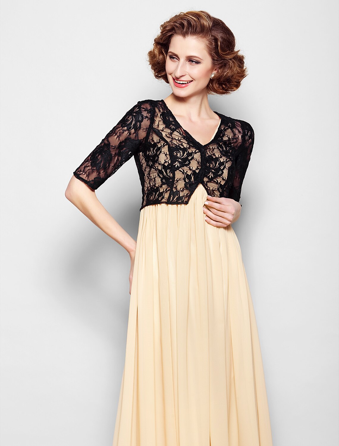 A-Line Mother of the Bride Dress Wrap Included V Neck Floor Length Chiffon Lace Half Sleeve yes