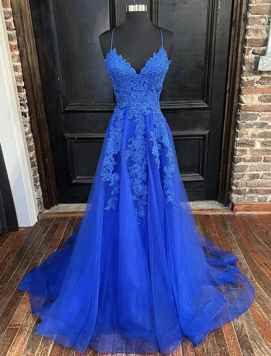 A-Line Prom Dresses Open Back Dress Formal Court Train Sleeveless V Neck Tulle Backless V Back with Beading