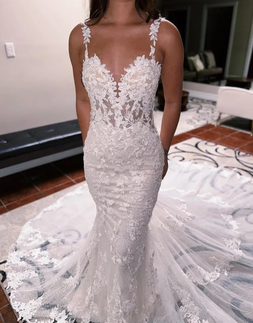 Mermaid Spaghetti Straps Open Back Train Wedding Dress Sexy Beautiful