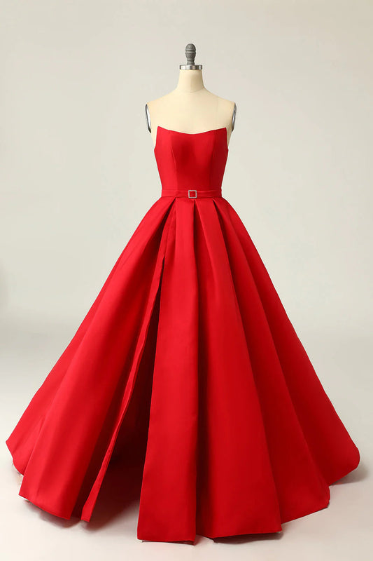 Red A Line Strapless Prom Party Dress with Split Front One Shoulder