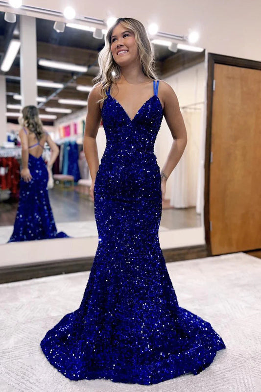 Mermaid / Trumpet Sheath / Column Prom Dresses Sexy Dress Party Wear Sweep / Brush Train Sleeveless V Neck Sequined