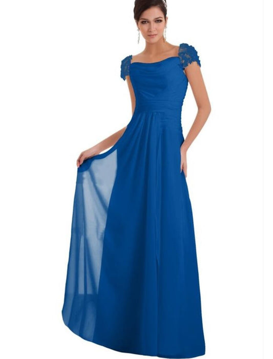 A-Line Bridesmaid Dress Square Neck Short Sleeve Elegant Floor Length Chiffon with Lace Pure Color