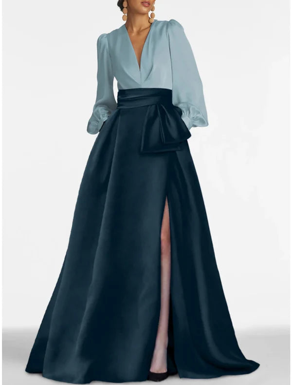 A-Line Evening Gown Elegant Dress Formal Sweep / Brush Train Formal Red Green Dress Long Sleeve V Neck Satin with Slit