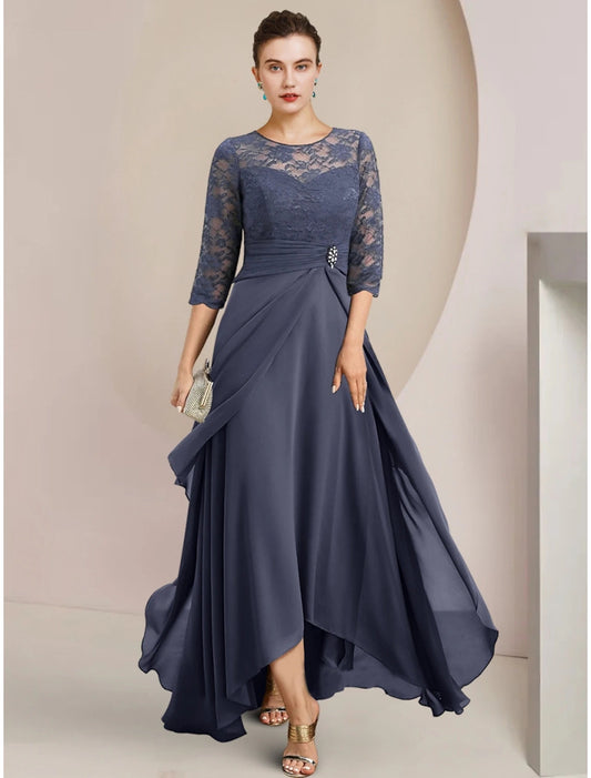 A-Line Mother of the Bride Dress Wedding Guest Elegant Jewel Neck Asymmetrical Chiffon Half Sleeve with Lace Crystal Brooch