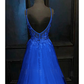 A-Line Prom Dresses Open Back Dress Formal Court Train Sleeveless V Neck Tulle Backless V Back with Beading