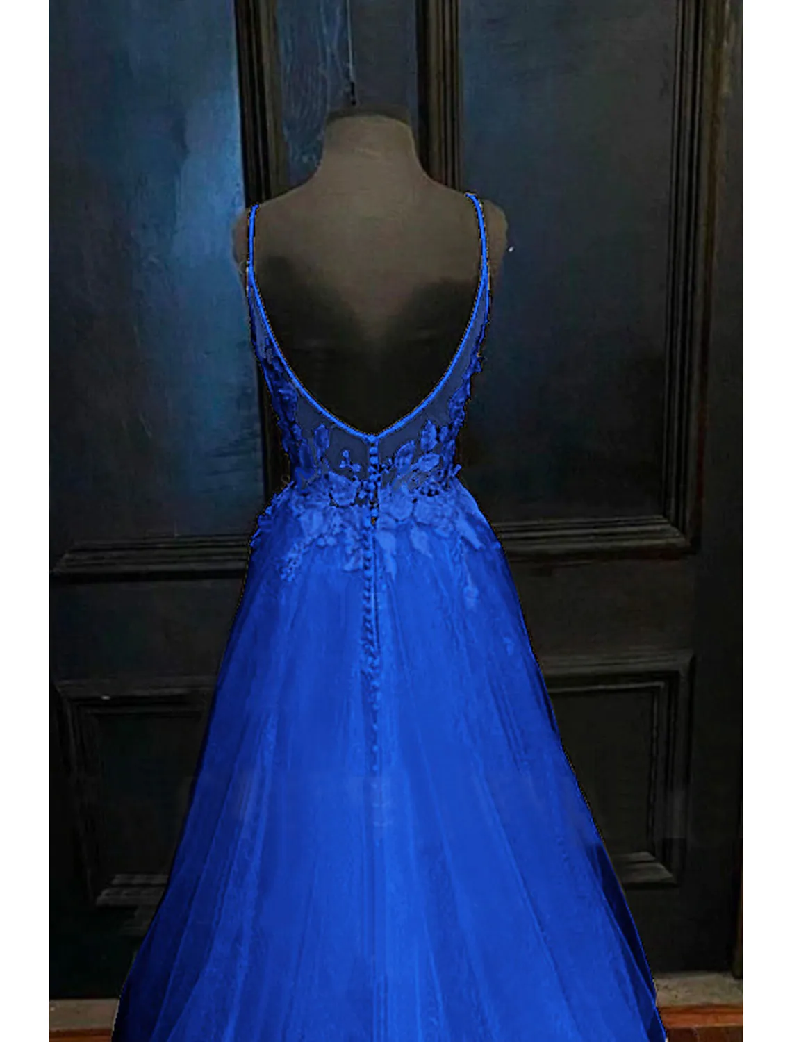 A-Line Prom Dresses Open Back Dress Formal Court Train Sleeveless V Neck Tulle Backless V Back with Beading