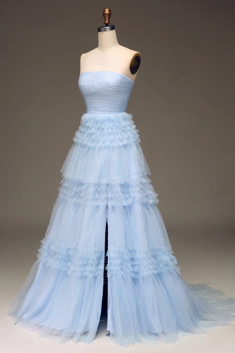 Tulle Tiered Prom Dress with Slit Off Shoulder Pure Color