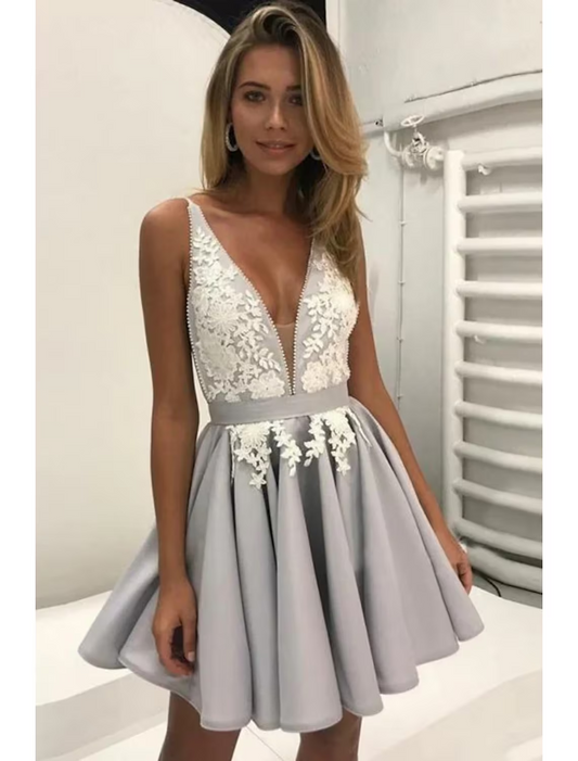 A-Line Cocktail Dresses Party Dress Graduation Short / Mini Sleeveless V Neck Satin Backless with Beading