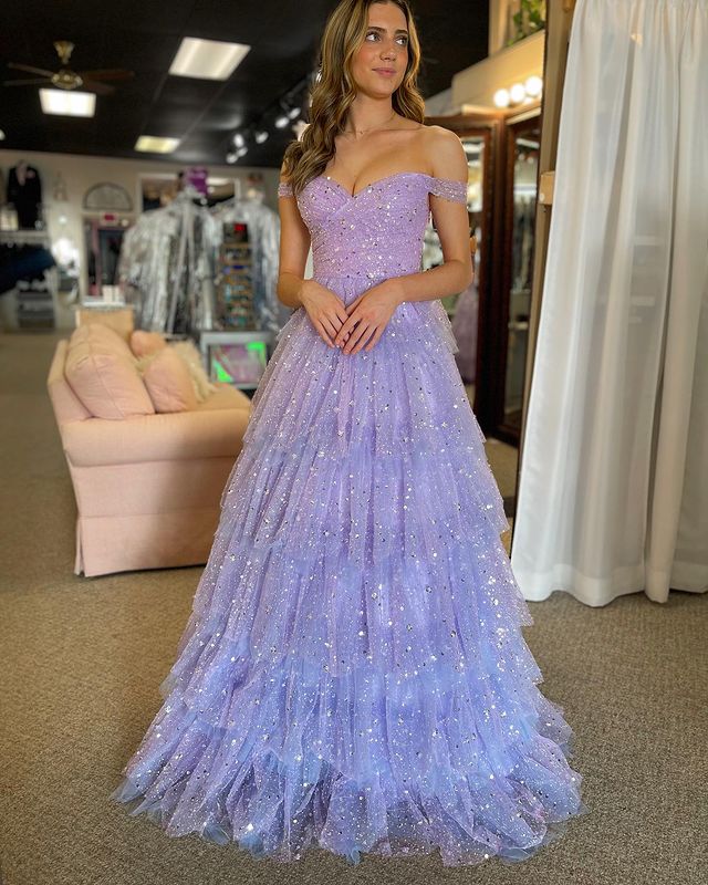 A Line Off The Shoulder Tulle Tiered Ruffle Prom Dresses Sparkly