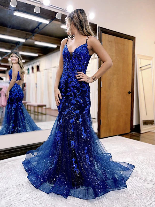 Mermaid / Trumpet Prom Dresses Sparkle & Shine Dress Formal Court Train Sleeveless V Neck Tulle Backless with Glitter Beading