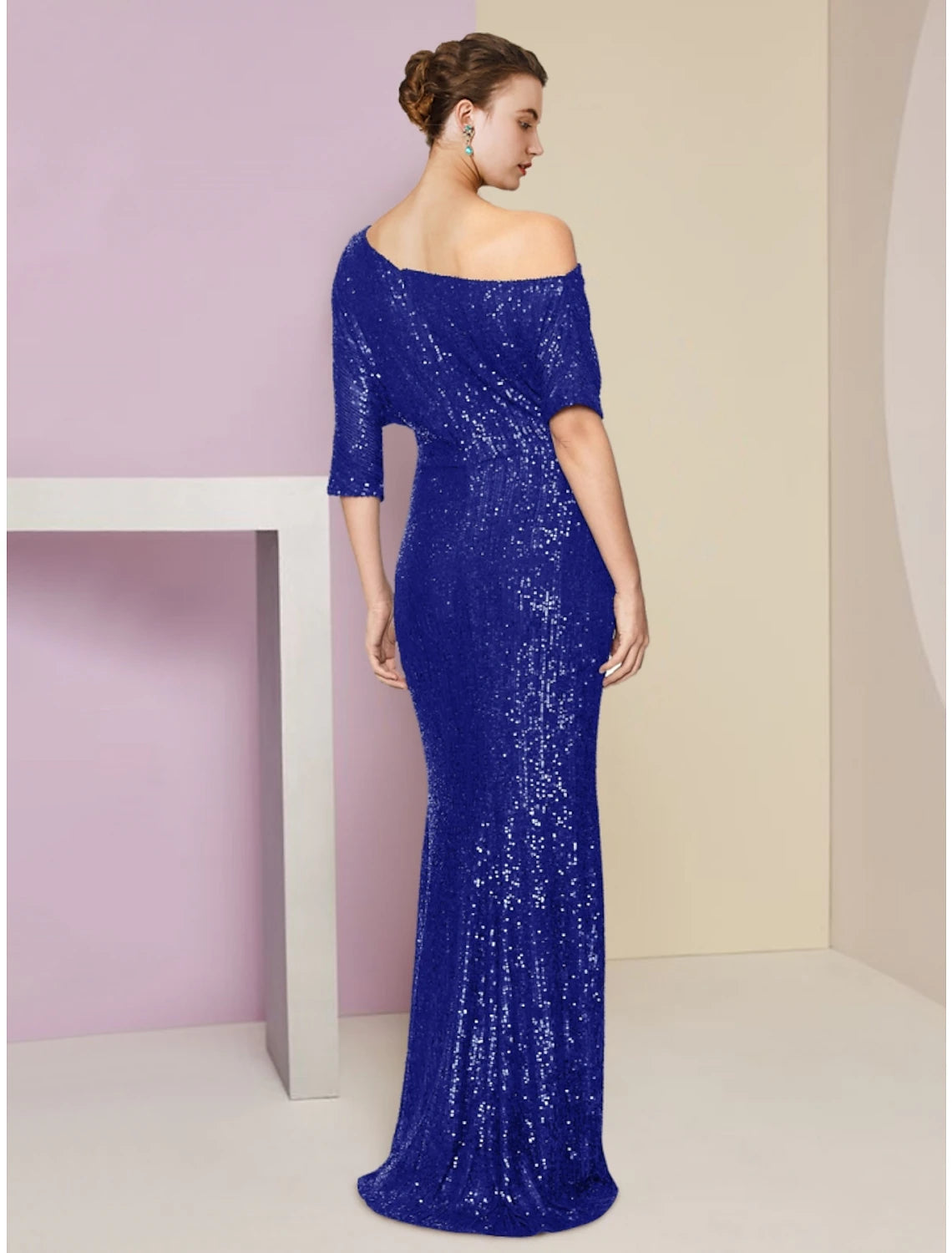 Sheath / Column Mother of the Bride Dress Wedding Guest Sparkle & Shine Elegant Off Shoulder Sweep / Brush Train Sequined Half Sleeve with Sequin Ruching