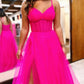 A-Line Long Tulle Prom Dress Simple Elegant Spaghetti Straps with Slit V-neck