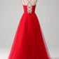 A-Line Long Prom Dress wth Cross Criss Back Pure Color Red