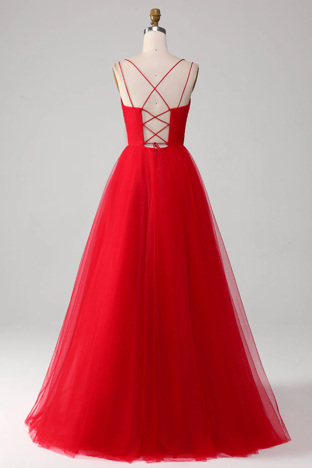 A-Line Long Prom Dress wth Cross Criss Back Pure Color Red