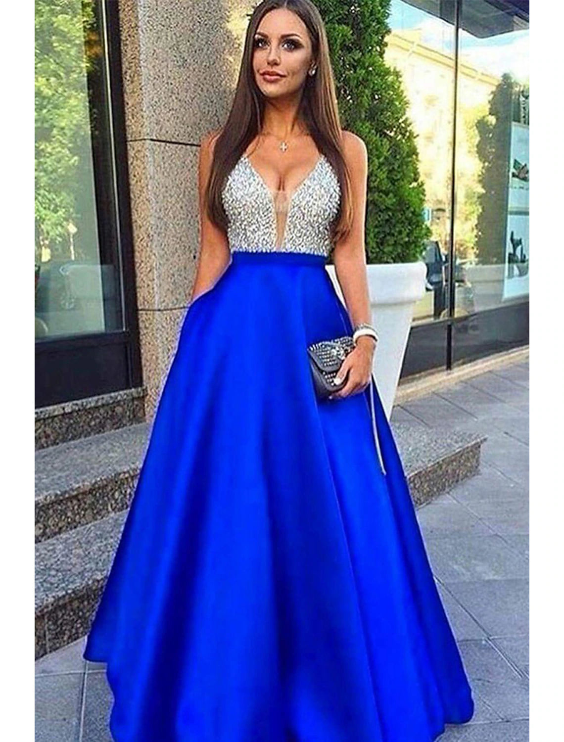 A-Line Prom Dresses Sparkle & Shine Dress Formal Floor Length Sleeveless V Neck Pocket Stretch Satin Backless V Back with Beading