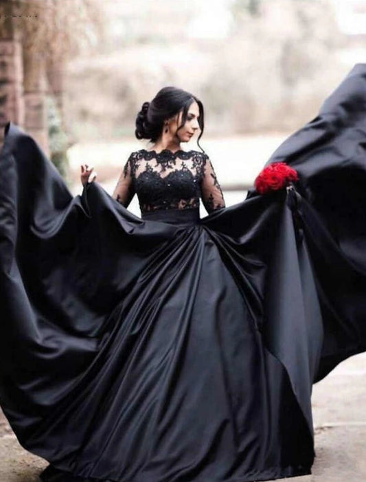 Engagement Gothic Wedding Dresses A-Line Illusion Neck Long Sleeve Floor Length Satin Bridal Gowns With Draping